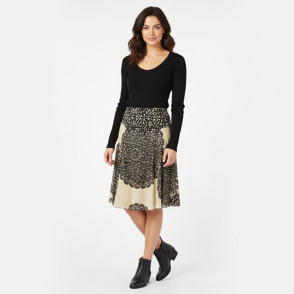 Diane Von Furstenberg Chocolate Brown Tan Floral Print Velvet A Line Skirt 4 - Picture 6 of 7